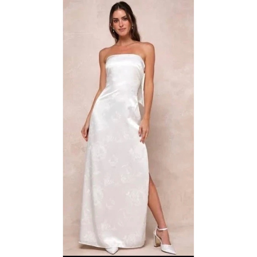 NWT Lulus XL Satin Floral Jacquard Strapless Maxi Dress Back Bow Wedding